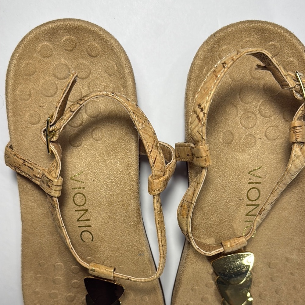 Vionic Tan Gold T-Strap Sandals with Ankle Buckle - Picture 3 of 8